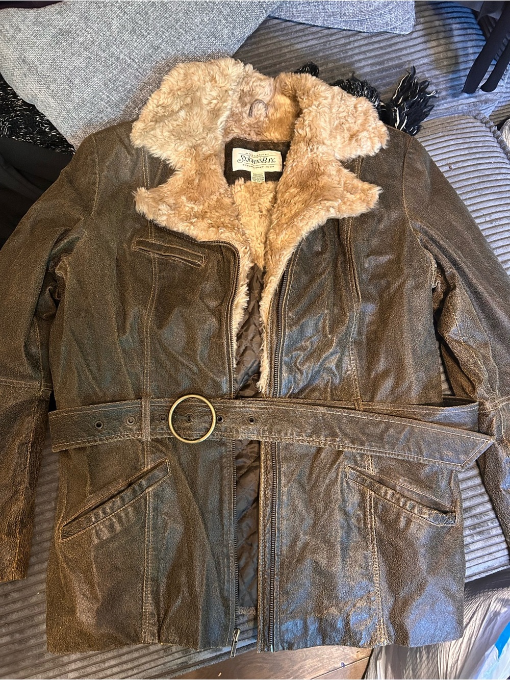 Shearling-Trim Brown Leather Jacket with Belt